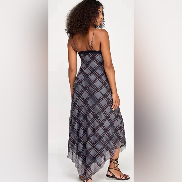 Bershka Gray Black Plaid Mesh Lace Goth Fairy Slit Dress Medium - Picture 2 of 14